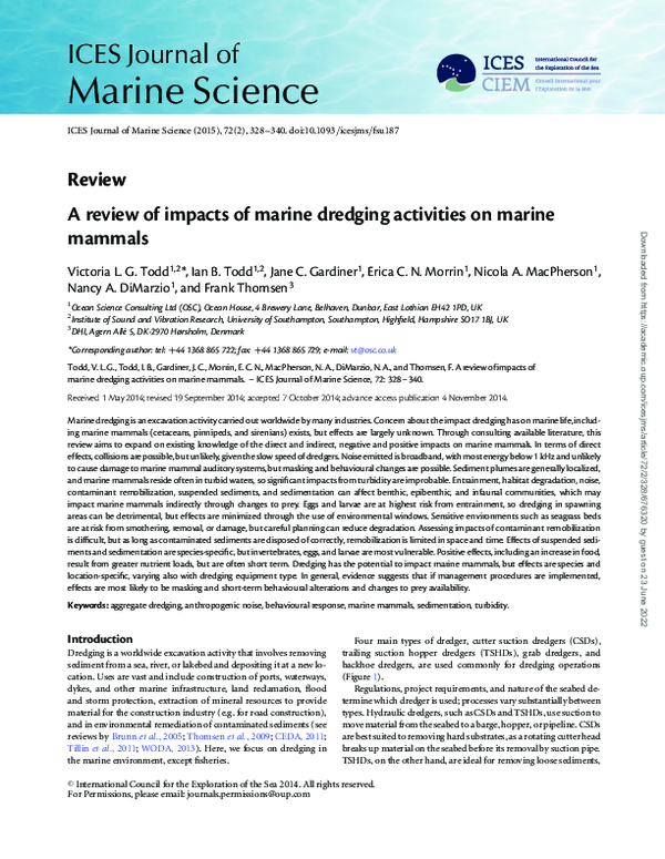 (PDF) A review of impacts of marine dredging activities on marine mammals