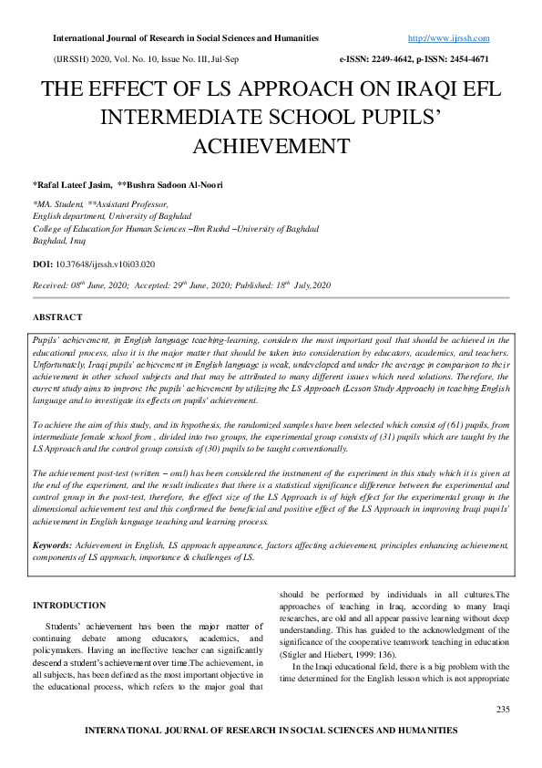 (PDF) THE EFFECT OF LS APPROACH ON IRAQI EFL INTERMEDIATE SCHOOL PUPILS ...