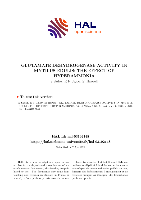 (PDF) Glutamate Dehydrogenase Activity in Mytilus Edulis: The Effect of ...