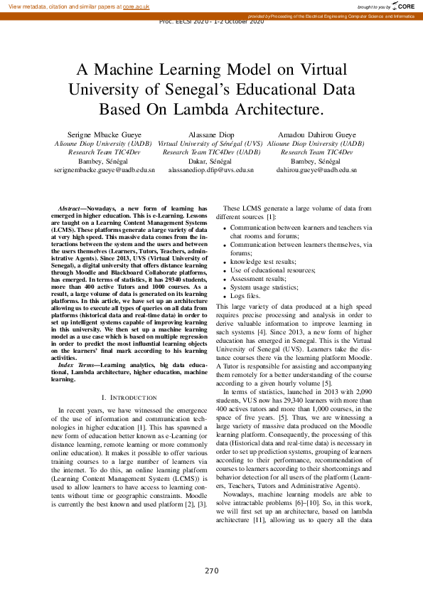 (PDF) A Machine Learning Model on Virtual University of Senegal's ...