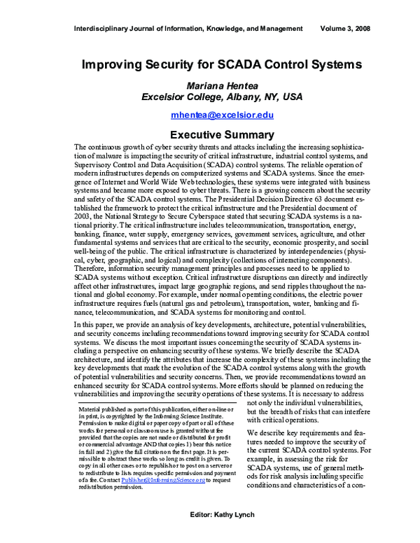 (PDF) Improving Security for SCADA Control Systems