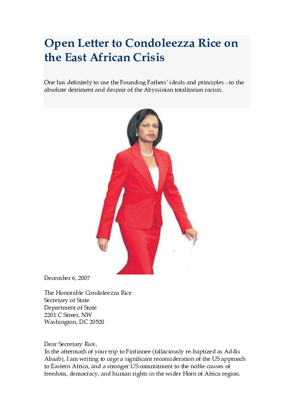 (PDF) Open Letter to Condoleezza Rice on the East African Crisis (2007)