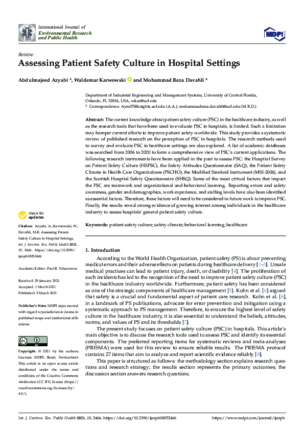 (PDF) Assessing Patient Safety Culture in Hospital Settings