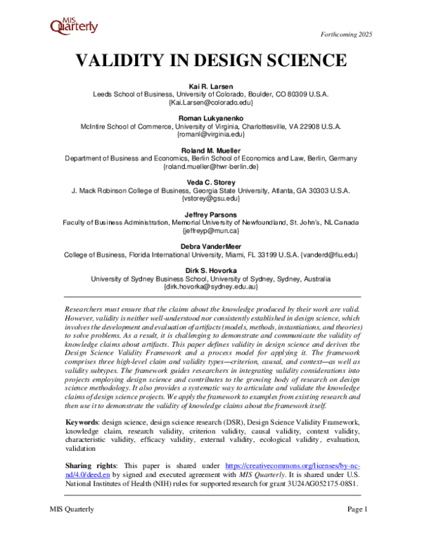 (PDF) VALIDITY IN DESIGN SCIENCE
