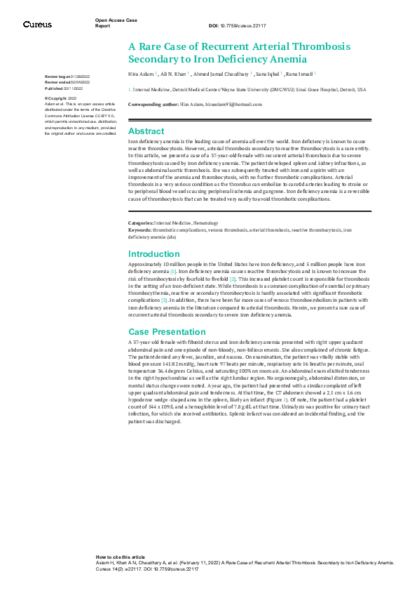 (PDF) A Rare Case of Recurrent Arterial Thrombosis Secondary to Iron ...