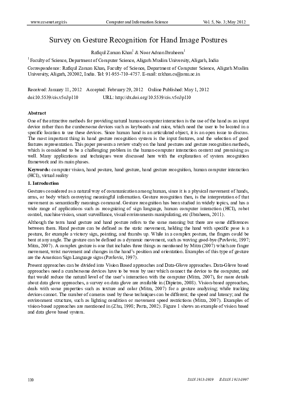 (PDF) Survey on Gesture Recognition for Hand Image Postures