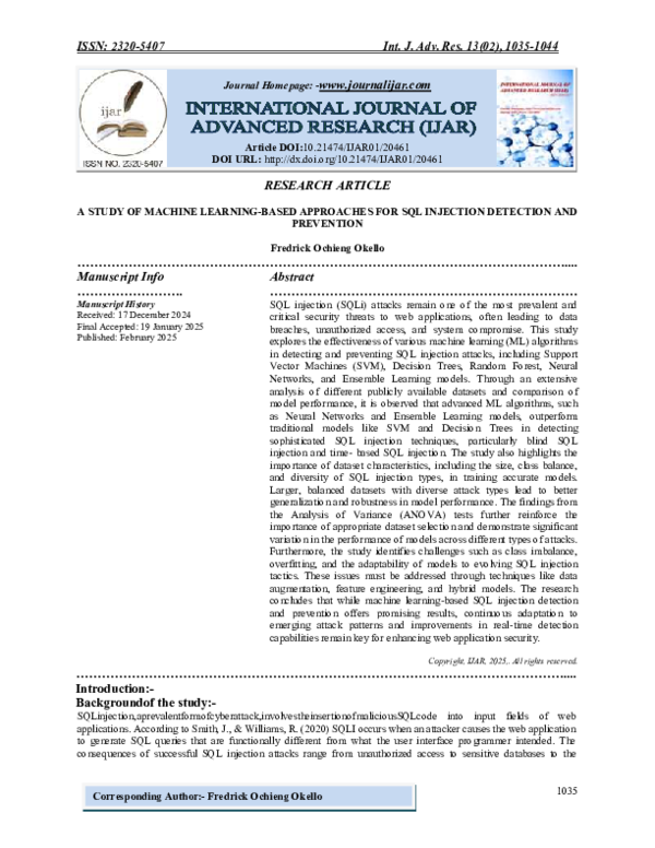 (PDF) A STUDY OF MACHINE LEARNING-BASED APPROACHES FOR SQL INJECTION ...