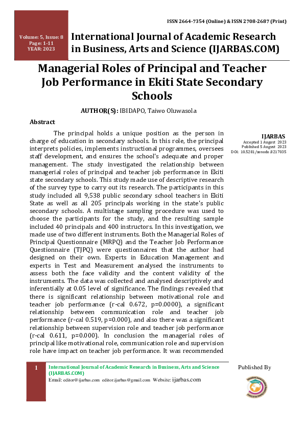 (PDF) Managerial Roles of Principal and Teacher Job Performance in ...