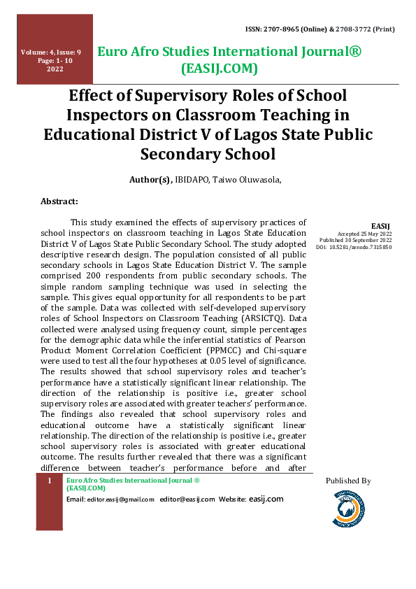 (PDF) Effect of Supervisory Roles of School Inspectors on Classroom ...