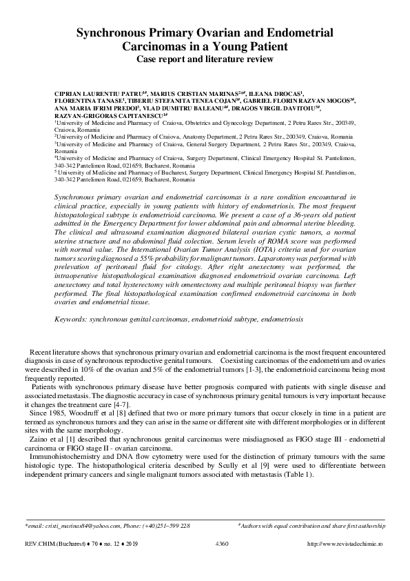(PDF) Synchronous Primary Ovarian and Endometrial Carcinomas in a Young ...