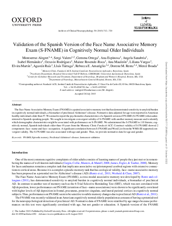 (PDF) Validation of the Spanish Version of the Face Name Associative ...