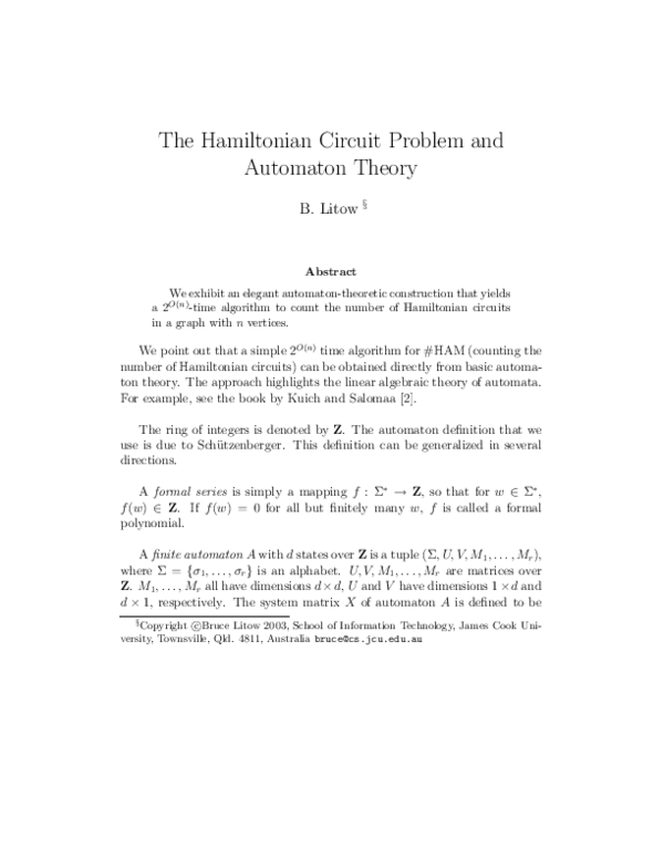 (PDF) The Hamiltonian circuit problem and automaton theory