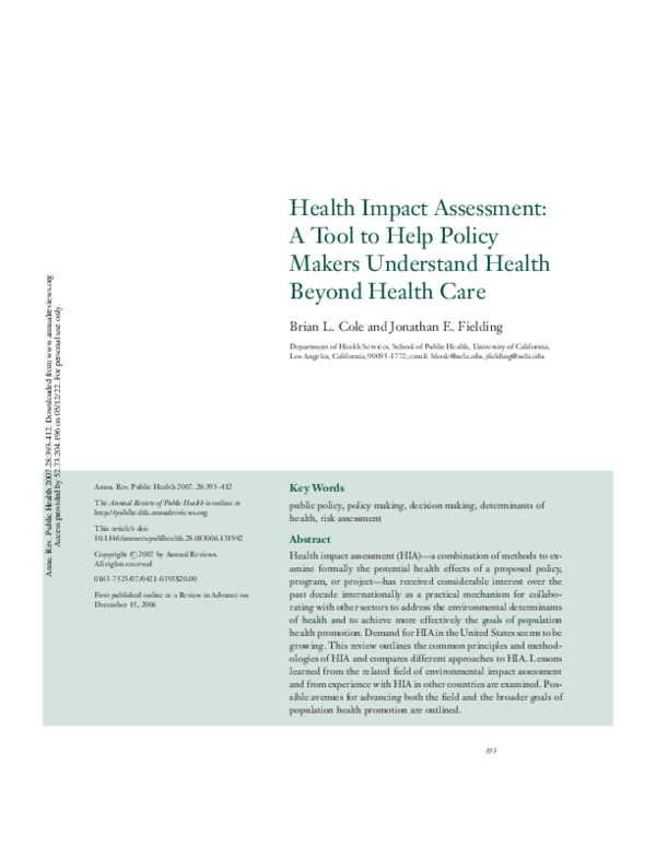 (PDF) Health Impact Assessment: A Tool to Help Policy Makers Understand ...