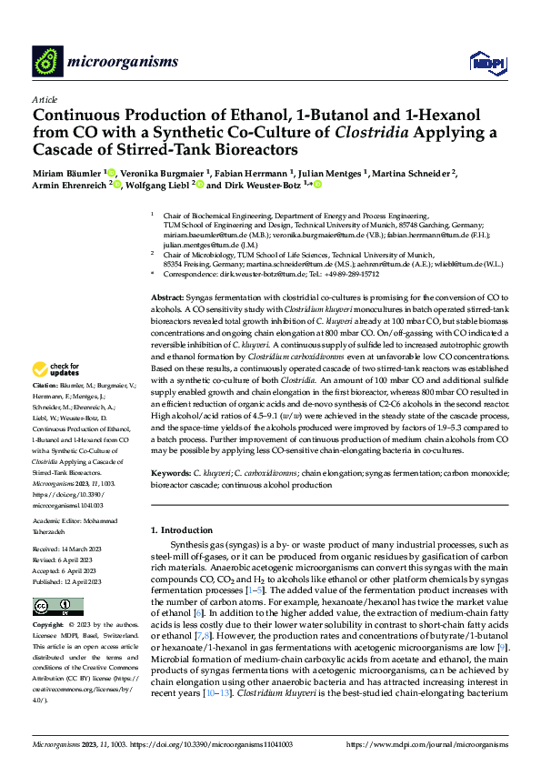 (PDF) Continuous Production of Ethanol, 1-Butanol and 1-Hexanol from CO ...