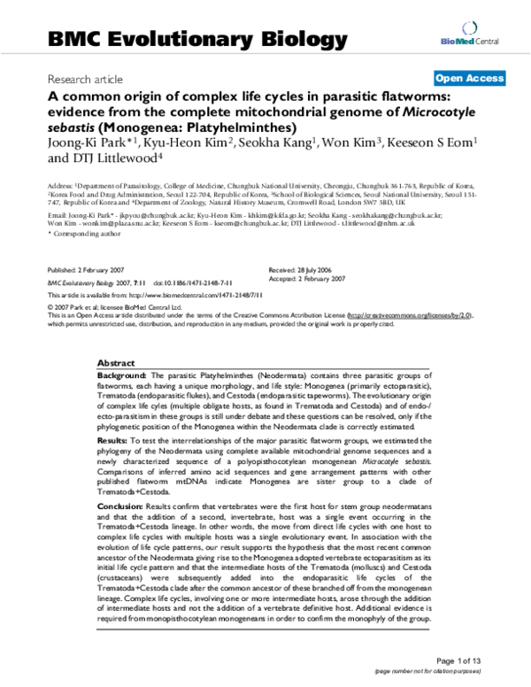 (PDF) A common origin of complex life cycles in parasitic flatworms ...