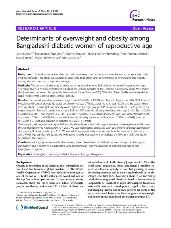 (PDF) Determinants of overweight and obesity among Bangladeshi diabetic ...