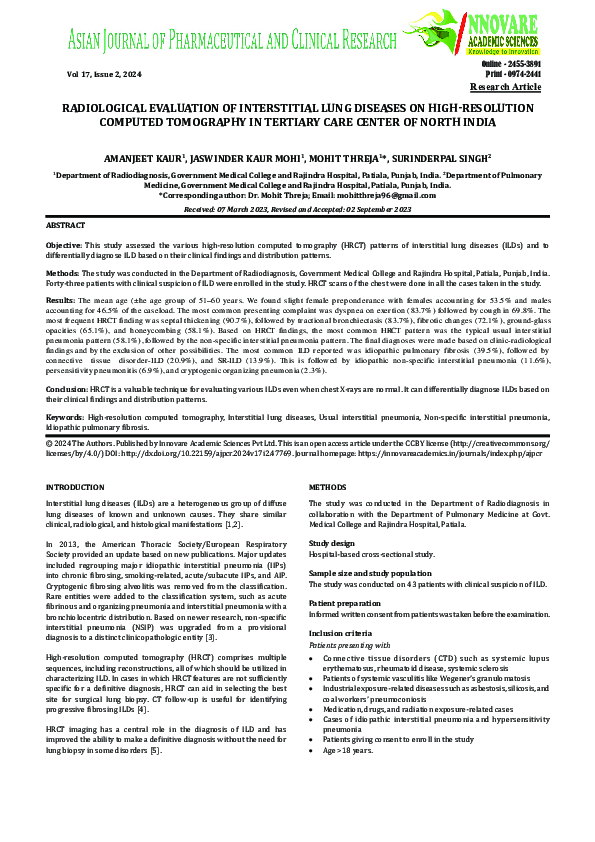 (PDF) RADIOLOGICAL EVALUATION OF INTERSTITIAL LUNG DISEASES ON HIGH ...