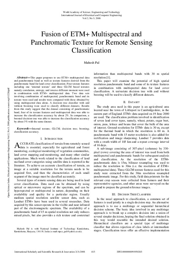 (PDF) Fusion Of Etm+ Multispectral And Panchromatic Texture For Remote ...