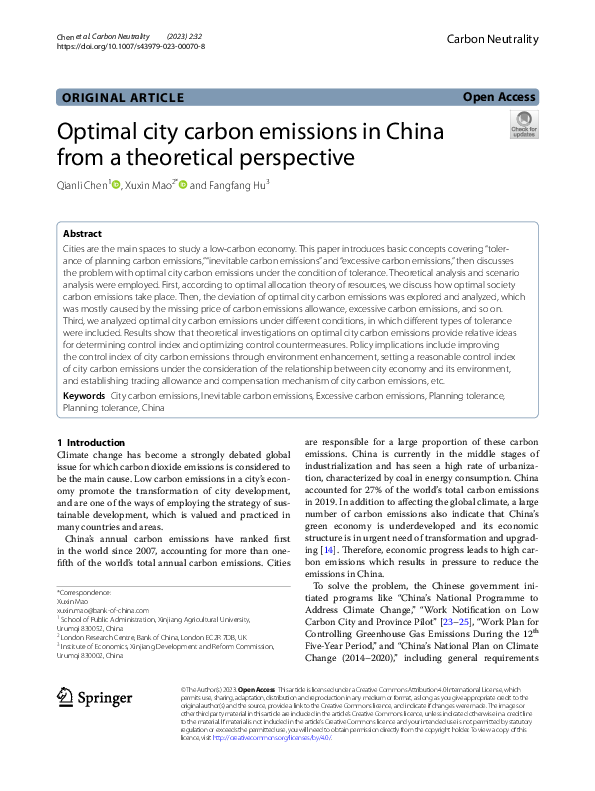 (PDF) Optimal city carbon emissions in China from a theoretical perspective