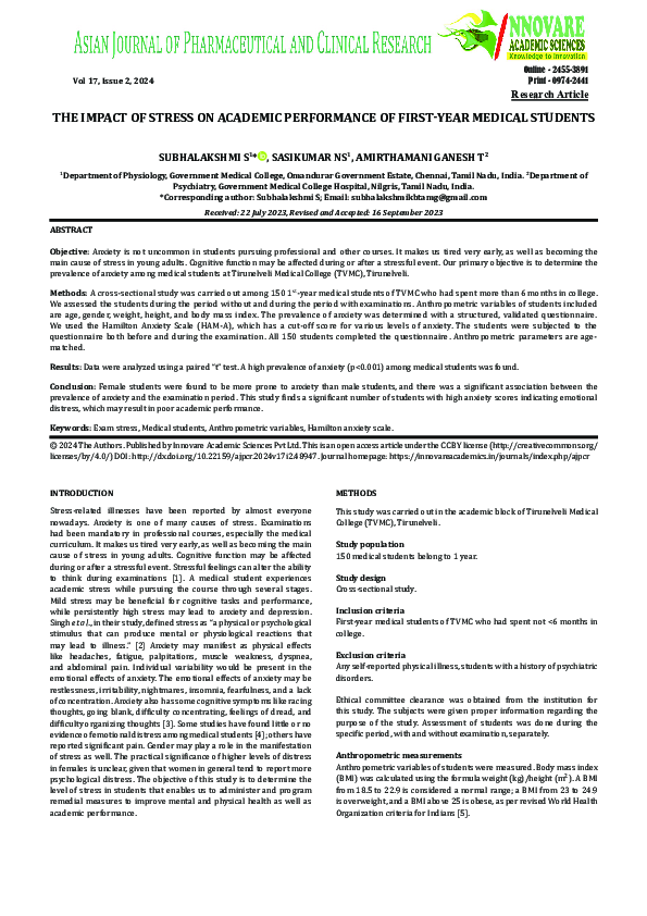 (PDF) THE IMPACT OF STRESS ON ACADEMIC PERFORMANCE OF FIRST-YEAR ...