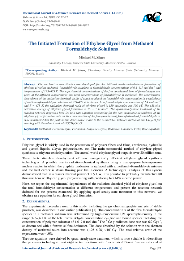 (PDF) The Formation of Ethylene Glycol from Methanol–Formaldehyde Solutions