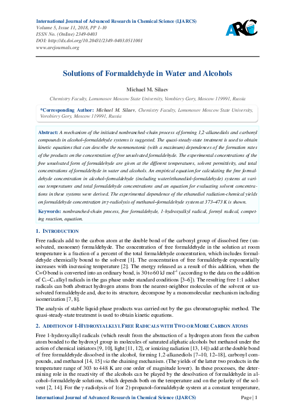 (PDF) Solutions of Formaldehyde in Water and Alcohols