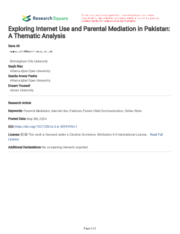 (PDF) Exploring Internet Use and Parental Mediation in Pakistan: A ...