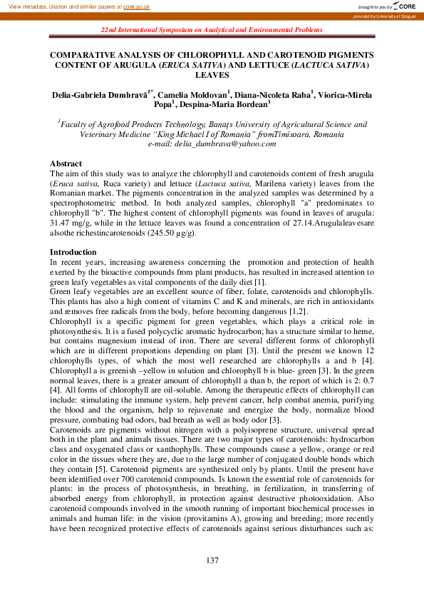 (PDF) Comparative analysis of chlorophyll and carotenoid pigments ...