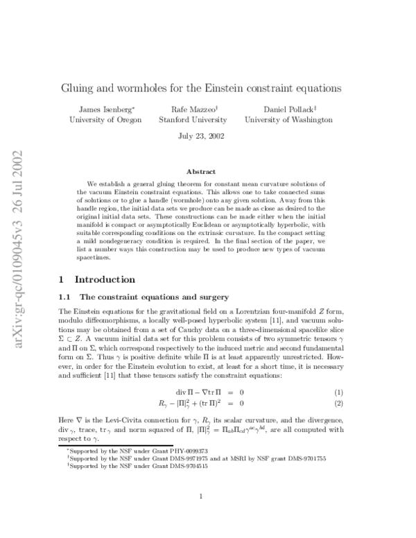 (PDF) Gluing and Wormholes for the Einstein Constraint Equations