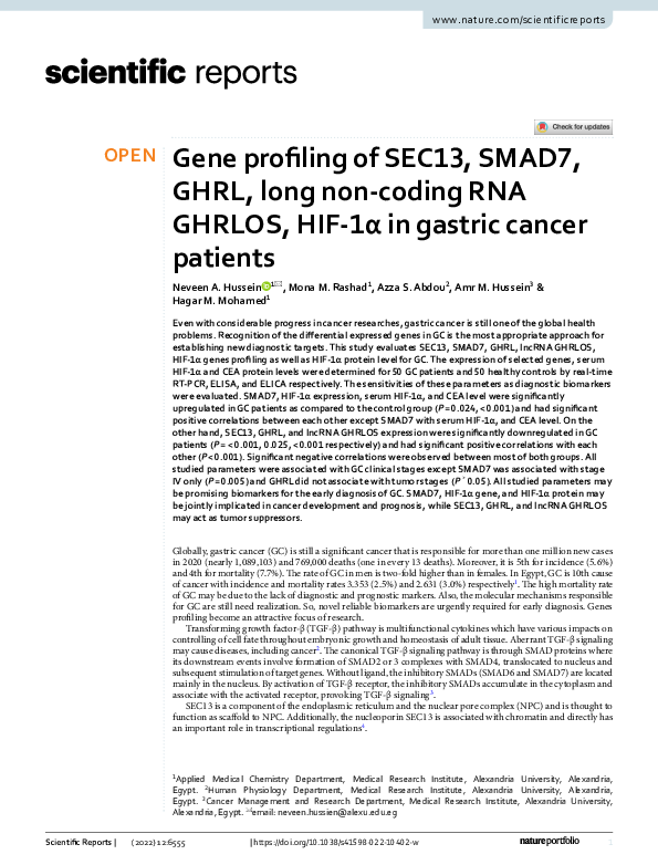(PDF) Gene Profiling of SEC13, SMAD7, GHRL, Long Non-Coding RNA GHRLOS ...