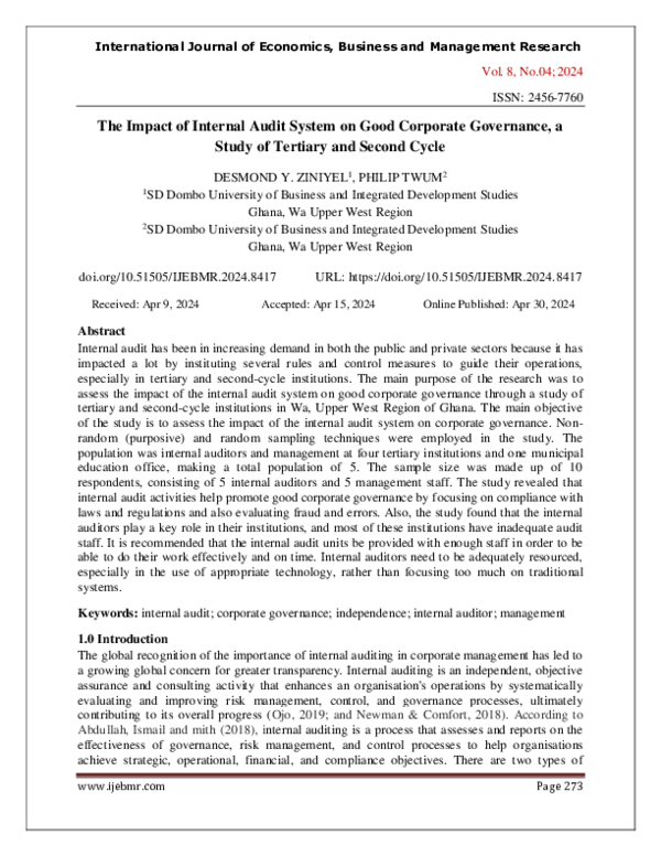 (PDF) The Impact of Internal Audit System on Good Corporate Governance ...