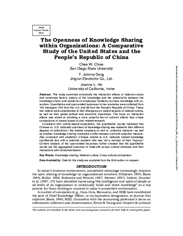 (PDF) The Openness of Knowledge Sharing within Organizations: A ...