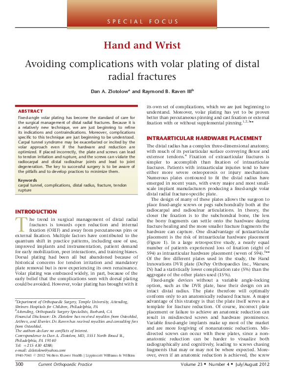(PDF) Avoiding complications with volar plating of distal radial fractures