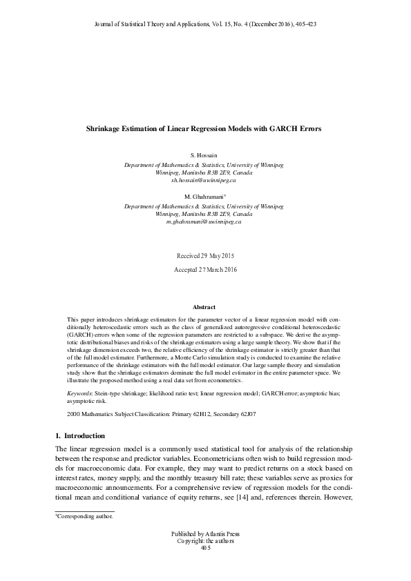 (PDF) Shrinkage Estimation of Linear Regression Models with GARCH Errors