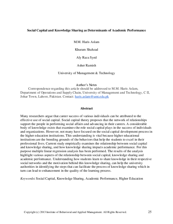 (PDF) Social Capital and Knowledge Sharing as Determinants of Academic ...