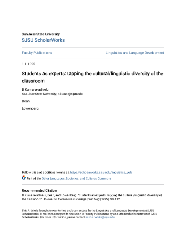 (PDF) Students as experts: tapping the cultural/linguistic diversity of ...