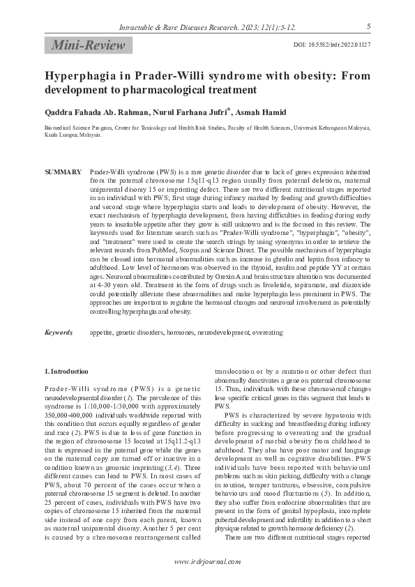 (PDF) Hyperphagia in Prader-Willi syndrome with obesity: From ...