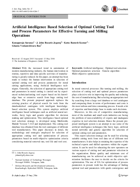 (PDF) Artificial Intelligence Based Selection of Optimal Cutting Tool ...