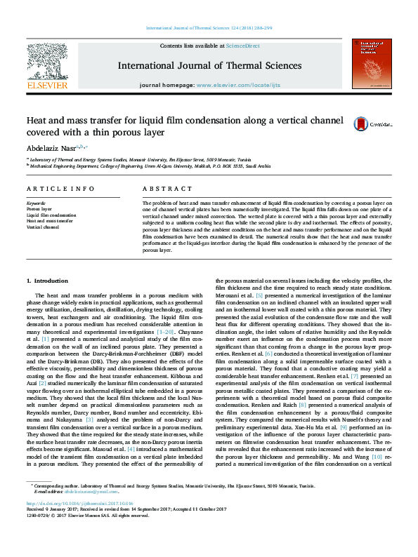 (PDF) Heat and mass transfer for liquid film condensation along a ...