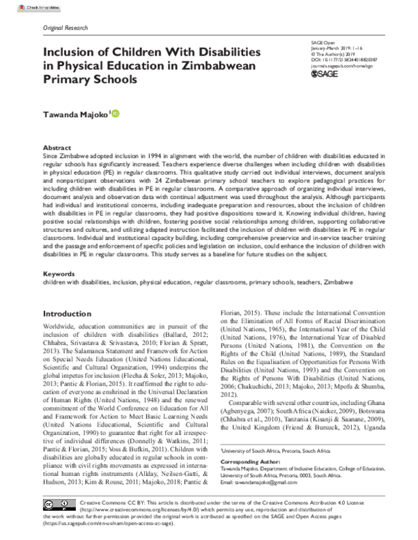 (PDF) Inclusion of Children With Disabilities in Physical Education in ...