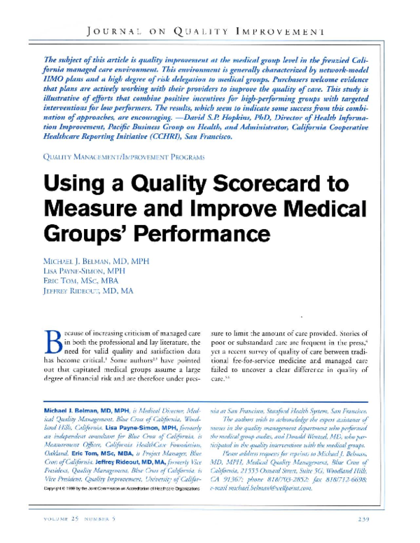 (PDF) Using a Quality Scorecard to Measure and Improve Medical Groups ...