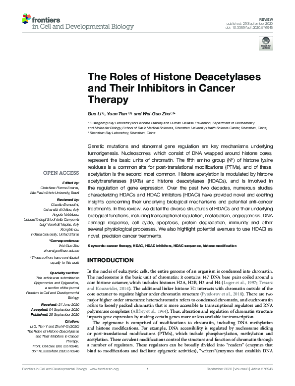 (PDF) The Roles of Histone Deacetylases and Their Inhibitors in Cancer ...