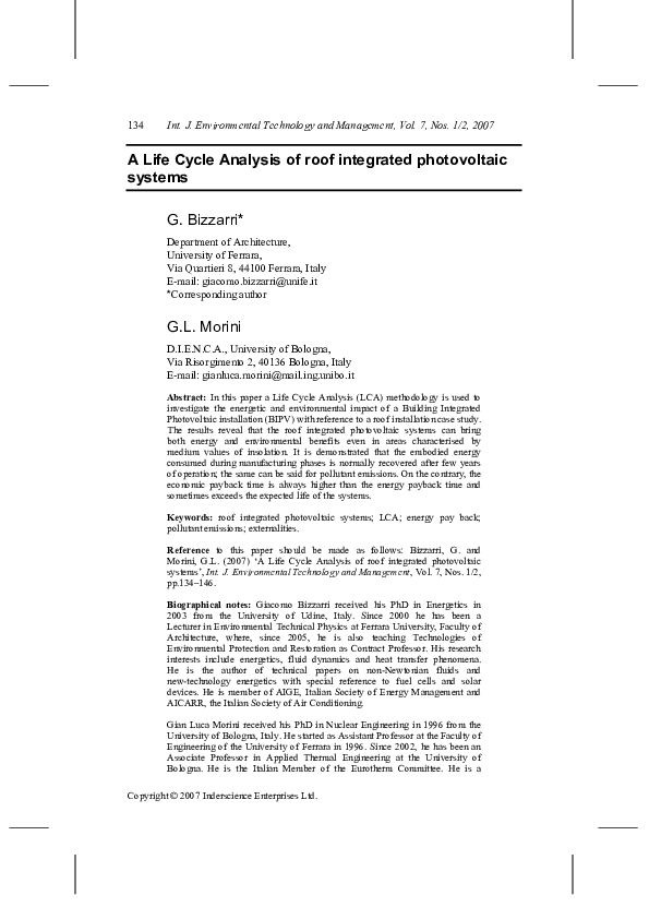 (PDF) A Life Cycle Analysis of roof integrated photovoltaic systems