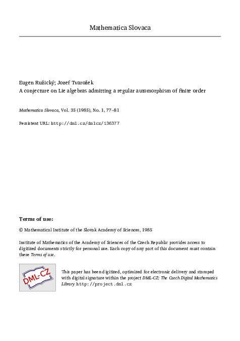 (PDF) A conjecture on Lie algebras admitting a regular automorphism of ...