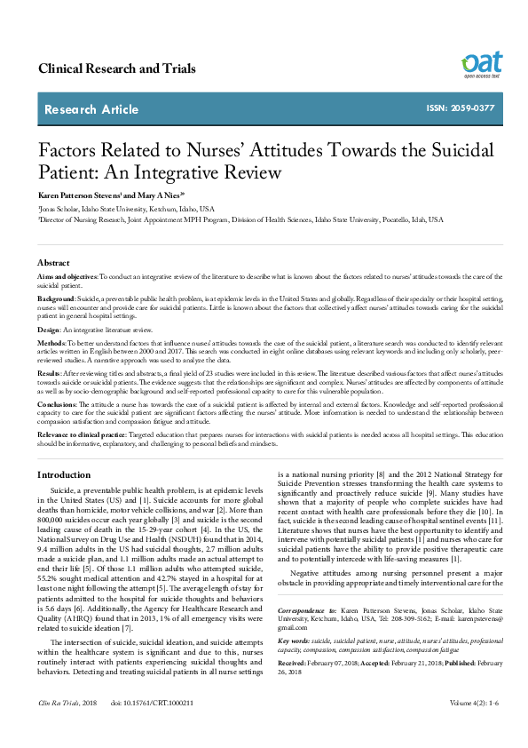 (PDF) Factors Related to Nurses? Attitudes Towards the Suicidal Patient ...