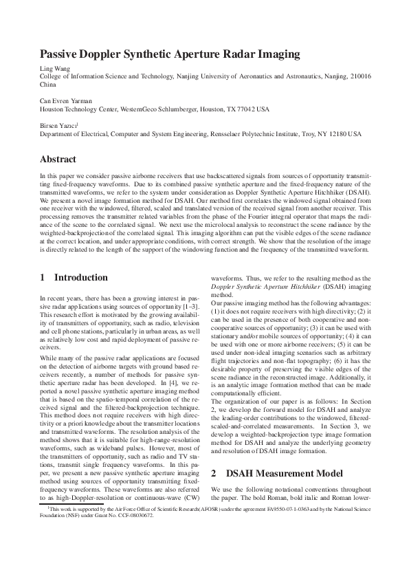 (PDF) Passive Doppler Synthetic Aperture Radar Imaging