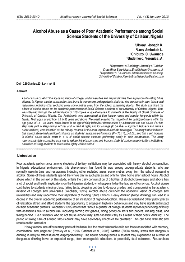 (PDF) Alcohol Abuse as a Cause of Poor Academic Performance among ...