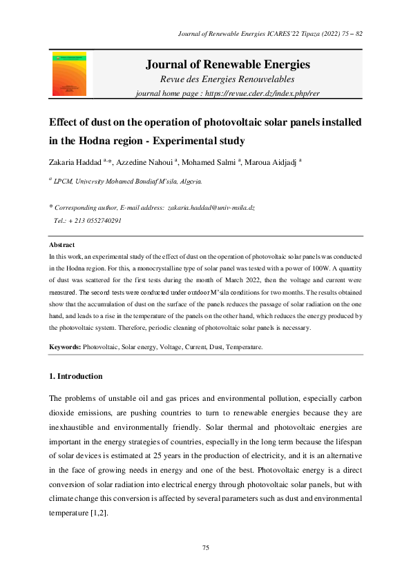 (PDF) Effect of dust on the operation of photovoltaic solar panels ...