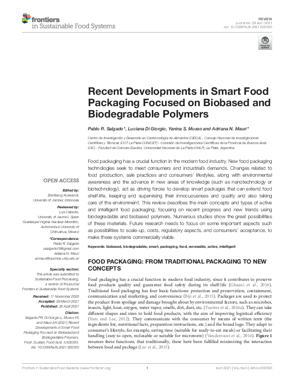 (PDF) Recent Developments in Smart Food Packaging Focused on Biobased ...