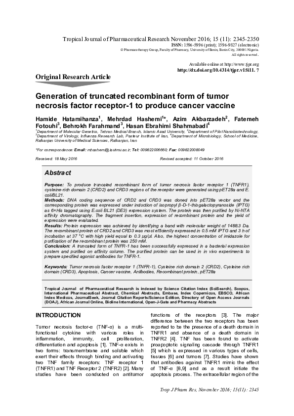 (PDF) Generation of truncated recombinant form of tumor necrosis factor ...
